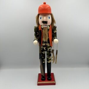Holiday Style Wooden Christmas Nutcracker 14in Hunter Orange Hat Rifle Camo